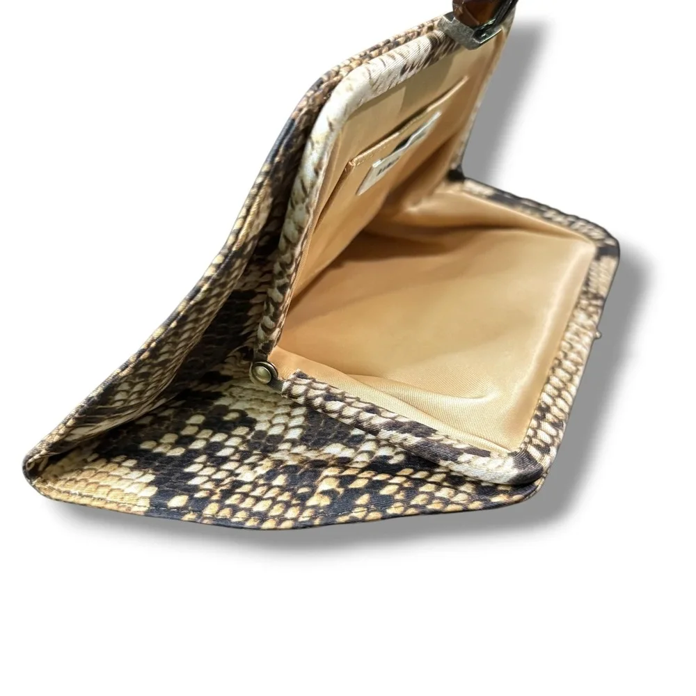 Banana Republic Snakeskin Print Frame Clutch Amber Stone Clasp Neutral Handbag